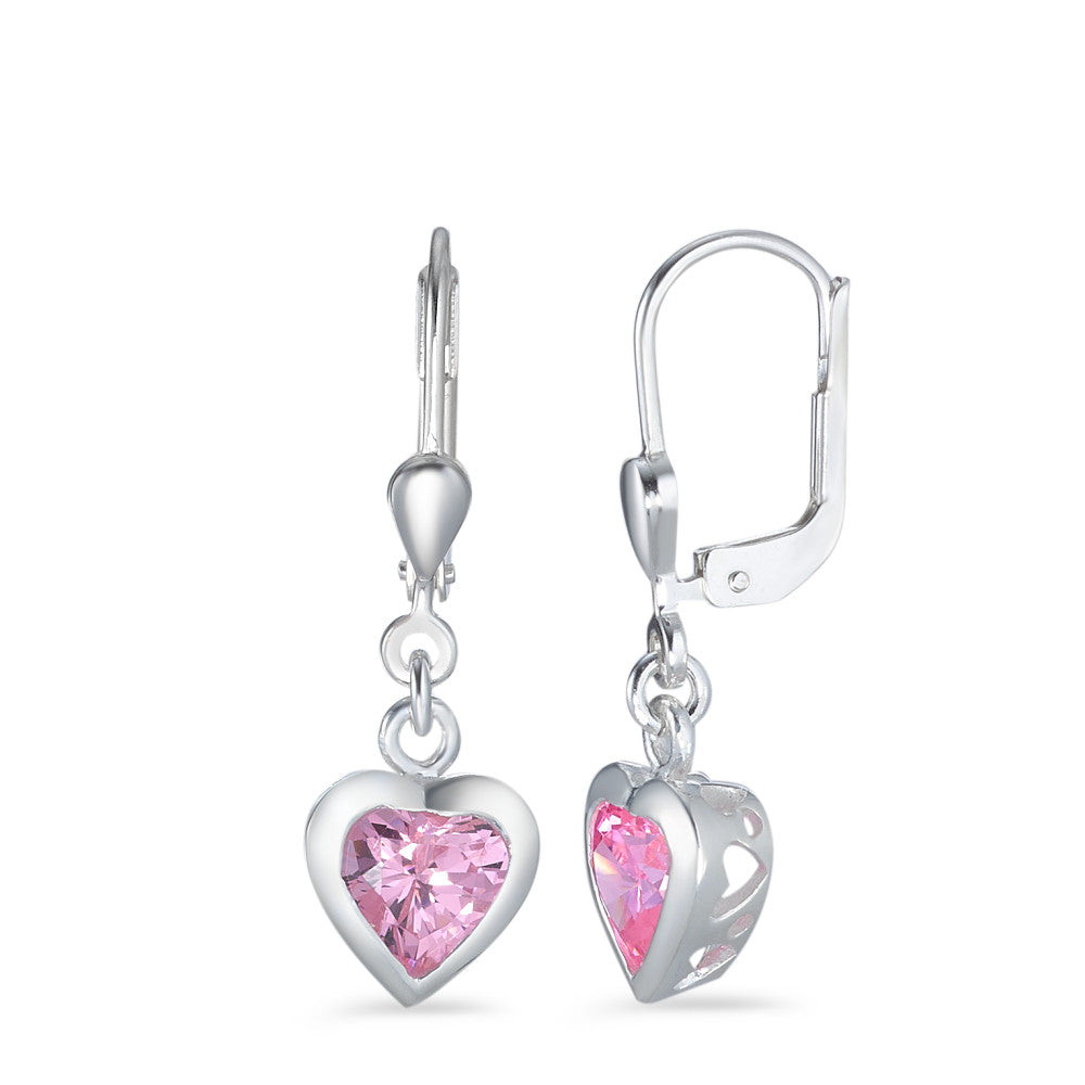 Pendant d'oreilles Argent Zircone rose, 2 Pierres Coeur