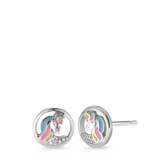 Clous d'oreilles Argent Zircone 10 Pierres Laqué Licorne Ø8.5 mm