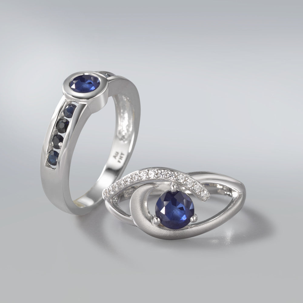 Bague Argent Saphir bleu, 0.60 ct, Zircone blanc Rhodié