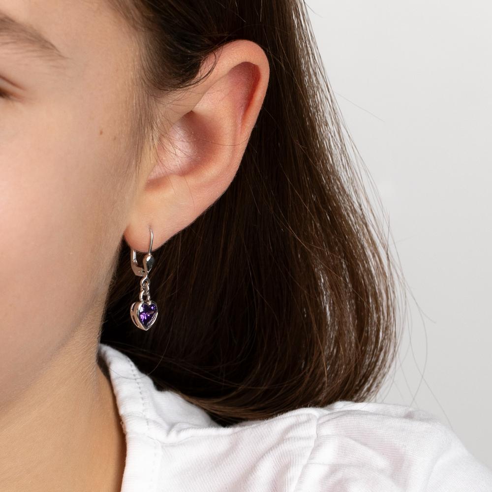 Pendant d'oreilles Argent Zircone violet, 2 Pierres Rhodié Coeur Ø7 mm