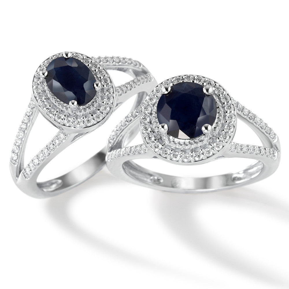 Bague Or blanc 9K Saphir bleu, 1.76 ct, rond, AAA, Diamant blanc, 0.23 ct, 12 Pierres, w-pi3