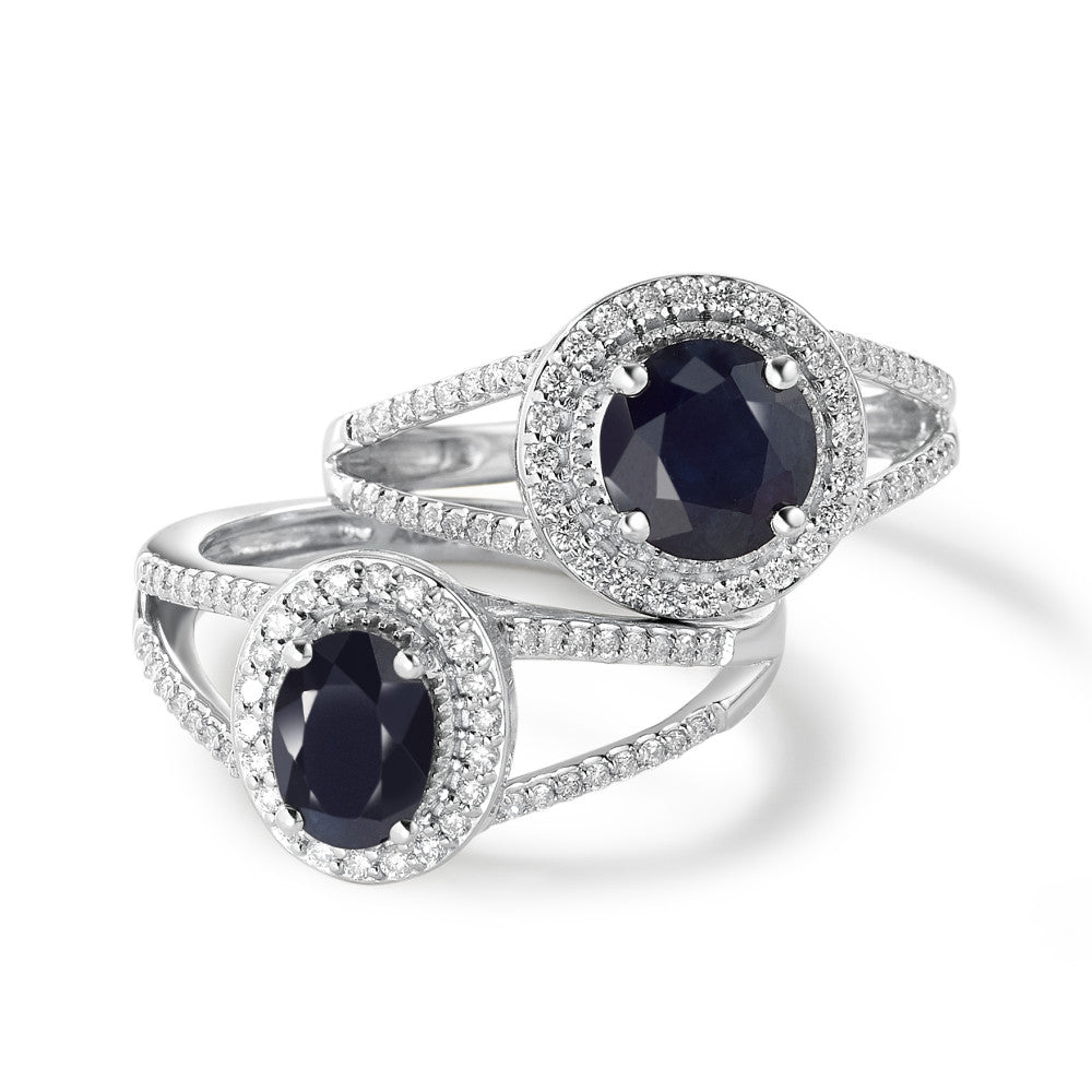 Bague Or blanc 9K Saphir bleu, 1.76 ct, rond, AAA, Diamant blanc, 0.23 ct, 12 Pierres, w-pi3