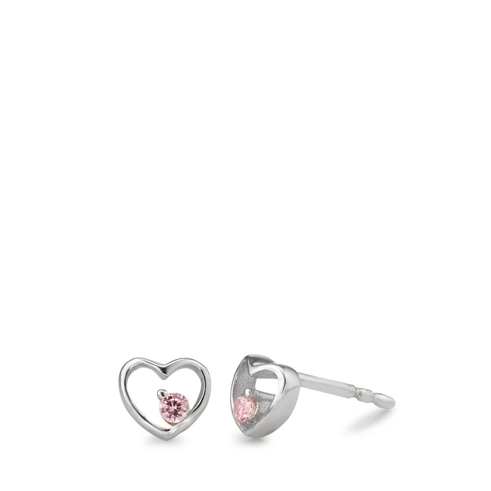 Clous d'oreilles Argent Zircone rose, 2 Pierres Rhodié Coeur Ø5.5 mm