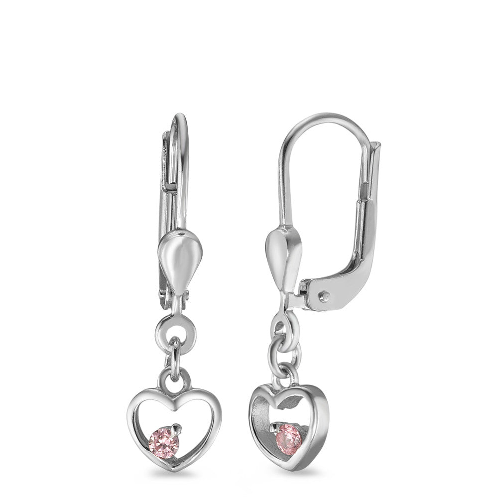 Pendant d'oreilles Argent Zircone rose, 2 Pierres Rhodié Coeur