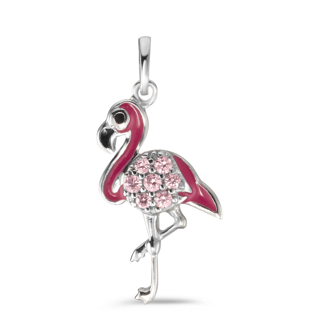 Pendentif Argent Zircone rose, 7 Pierres Laqué Flamant Rose