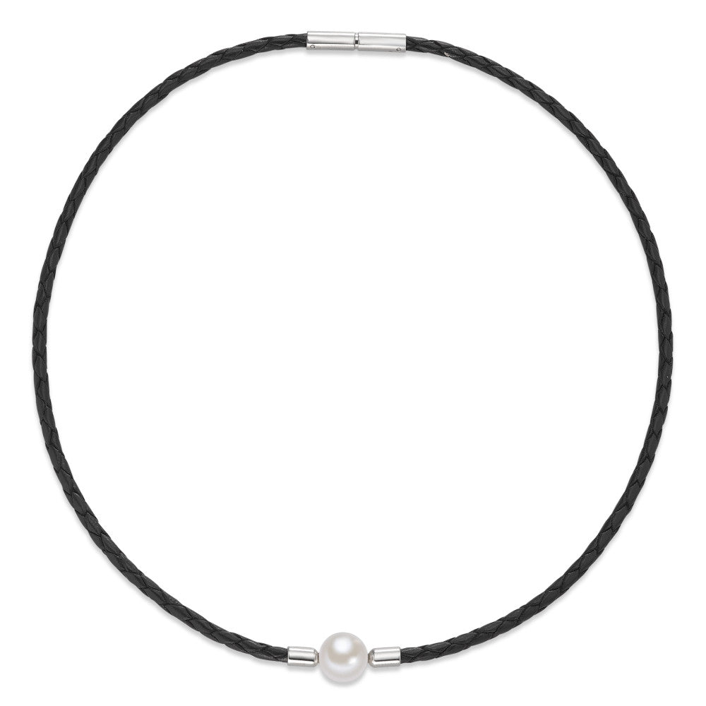 Collier Cuir, Acier inoxydable perle d'eau douce 42 cm Ø3 mm