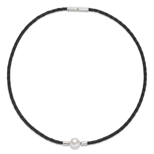 Collier Cuir, Acier inoxydable perle d'eau douce 42 cm Ø3 mm