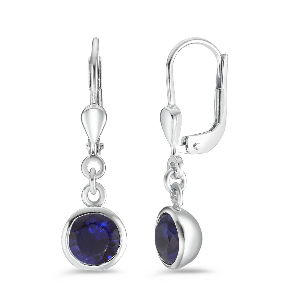 Pendant d'oreilles Argent Zircone bleu, 2 Pierres Rhodié Ø7.5 mm