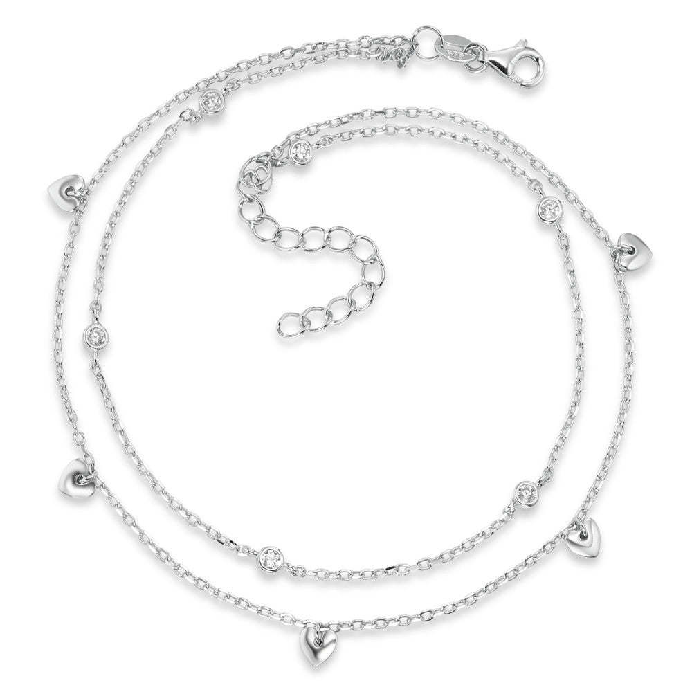 Chaînette de cheville Argent Zircone 6 Pierres Rhodié Coeur 24-27 cm