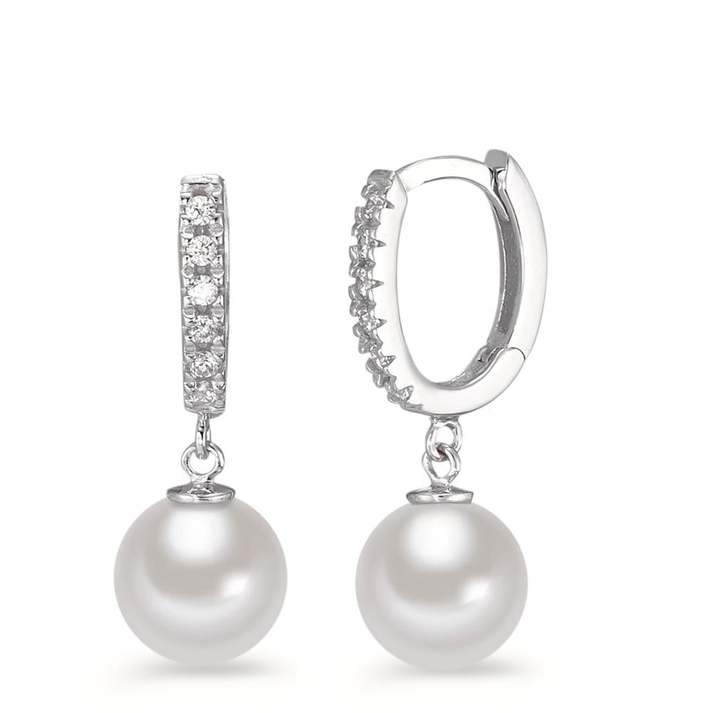 Pendant d'oreilles Or blanc 18K Zircone 12 Pierres perle d'eau douce