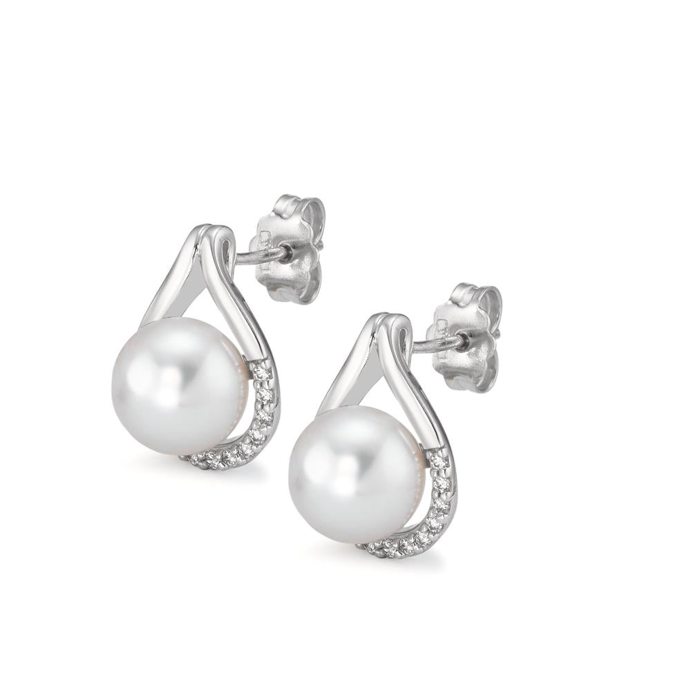 Clous d'oreilles Or blanc 18K Zircone 26 Pierres perle d'eau douce