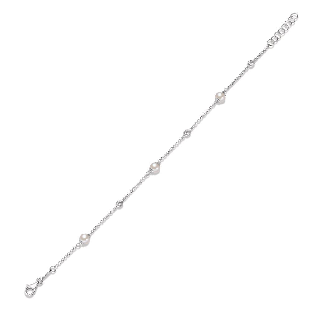 Bracelet Or blanc 18K Zircone 3 Pierres perle d'eau douce 16-18 cm