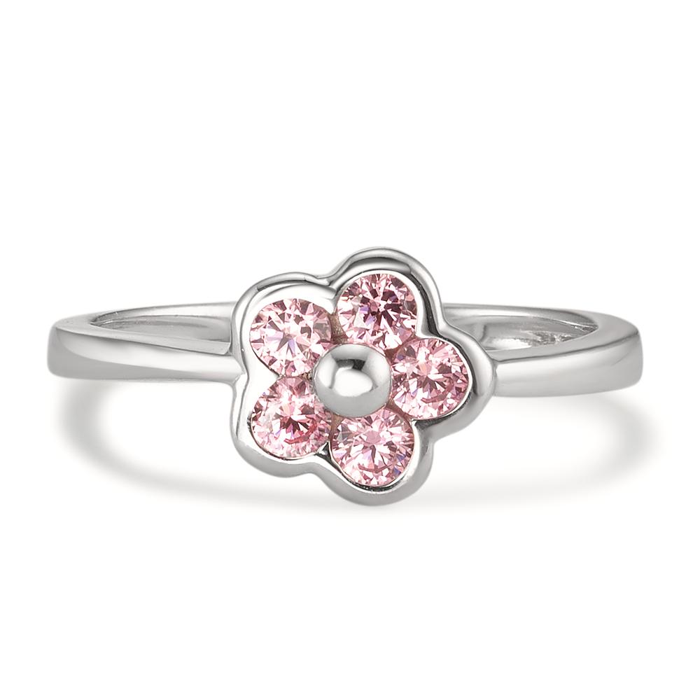 Bague Or blanc 18K Zircone rose, 5 Pierres Fleur