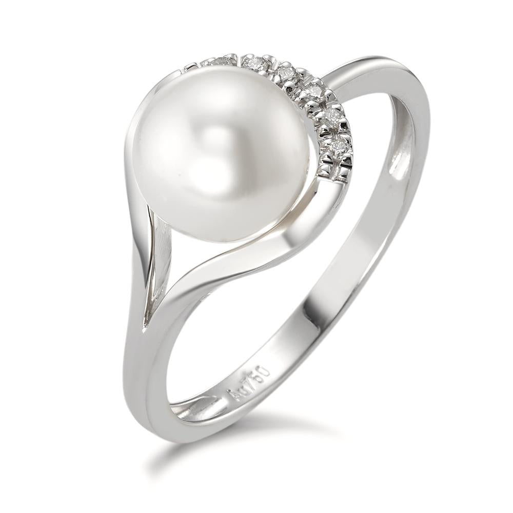 Anello Oro bianco 750/18 carati Diamante 0.03 ct, 6 pietra, w-si Perla coltivata d'acqua dolce