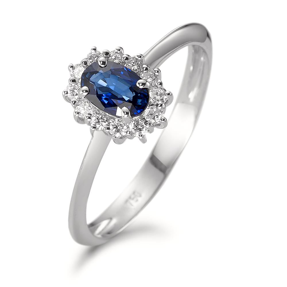 Bague Or blanc 18K Saphir bleu, ovale, Diamant blanc, 0.18 ct, 12 Pierres, w-pi1