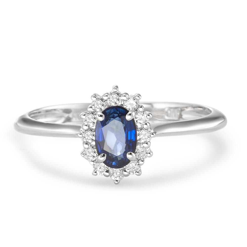 Bague Or blanc 18K Saphir bleu, ovale, Diamant blanc, 0.18 ct, 12 Pierres, w-pi1