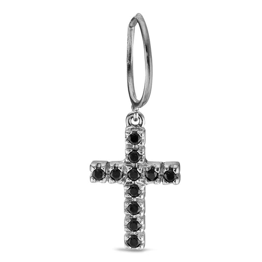 Créole avec pendentif Or blanc 18K Zircone noir, 11 Pierres Croix