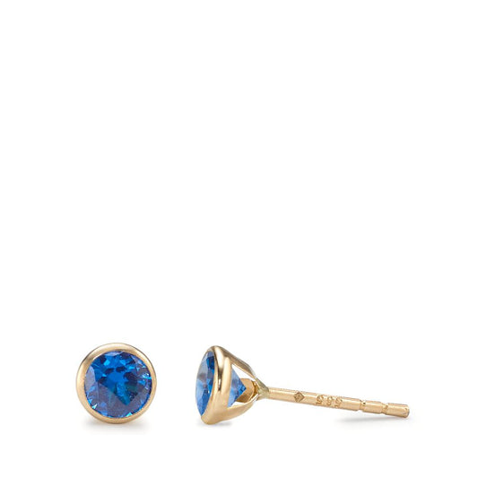 Clous d'oreilles Or jaune 14K Zircone bleu, 2 Pierres Ø4.3 mm