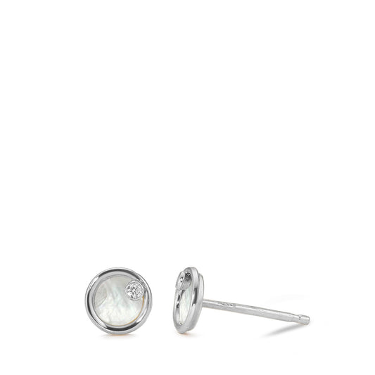 Clous d'oreilles Or blanc 14K Zircone 2 Pierres nacre Ø5 mm