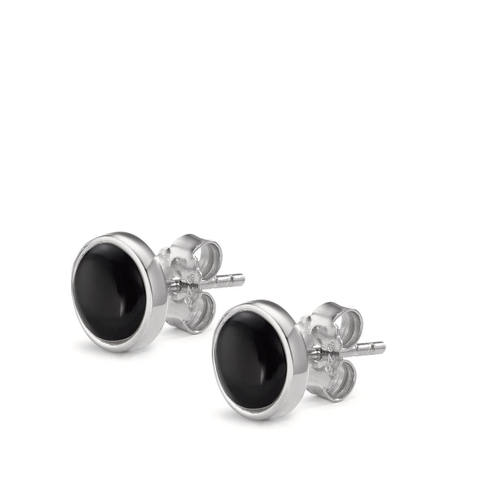 Clous d'oreilles Argent Onyx 2 Pierres Rhodié Ø8 mm