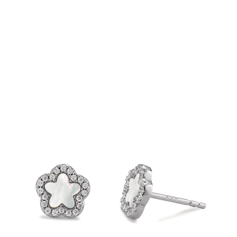 Clous d'oreilles Argent Zircone Rhodié nacre Fleur Ø8 mm