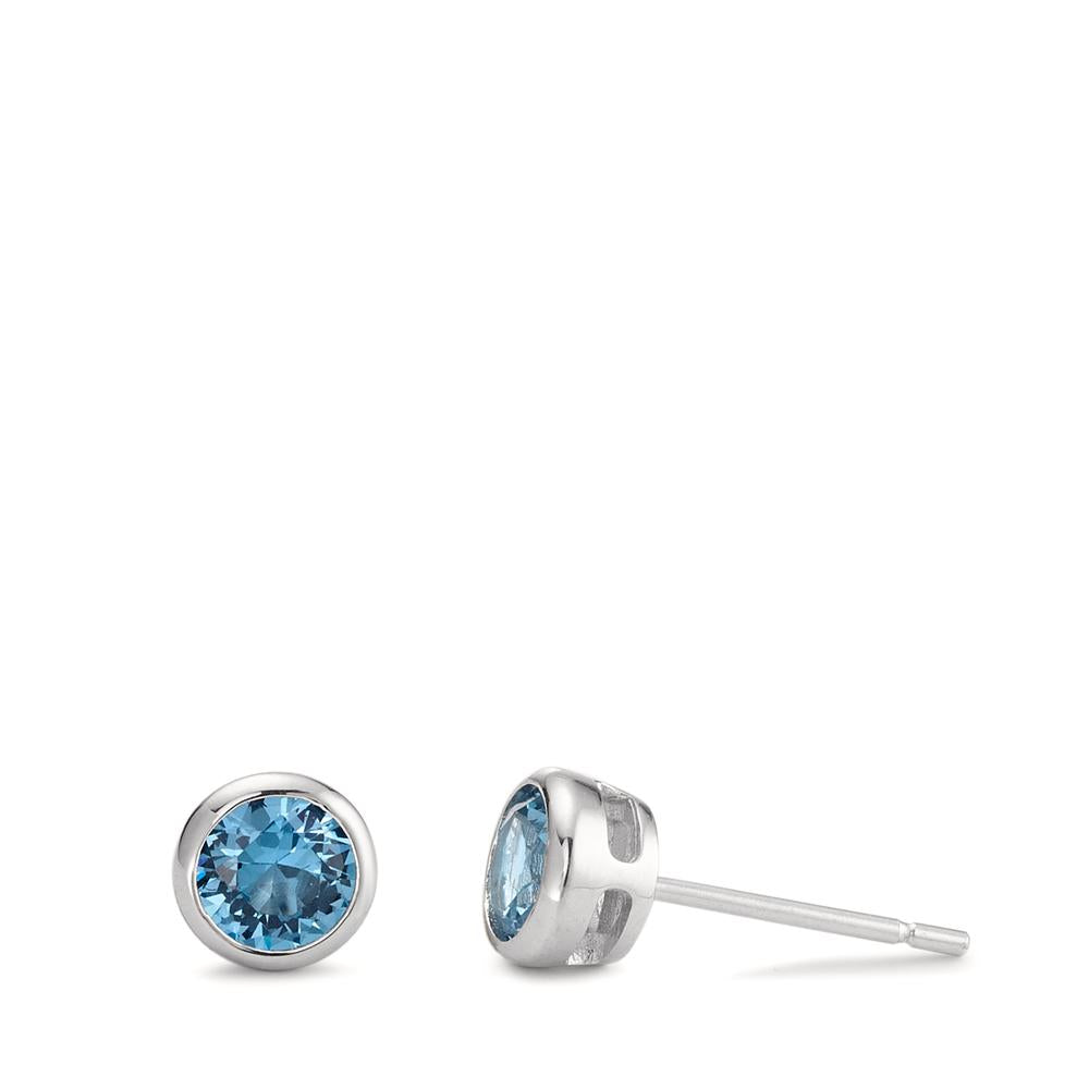 Clous d'oreilles Argent Zircone aqua, 2 Pierres Rhodié Ø6 mm