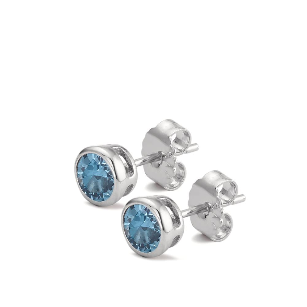 Clous d'oreilles Argent Zircone aqua, 2 Pierres Rhodié Ø6 mm