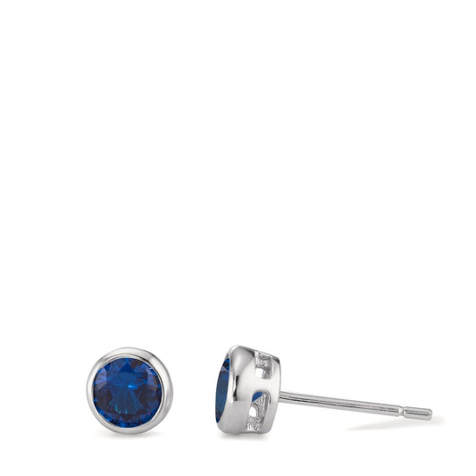 Clous d'oreilles Argent Zircone bleu saphir, 2 Pierres Rhodié Ø6 mm