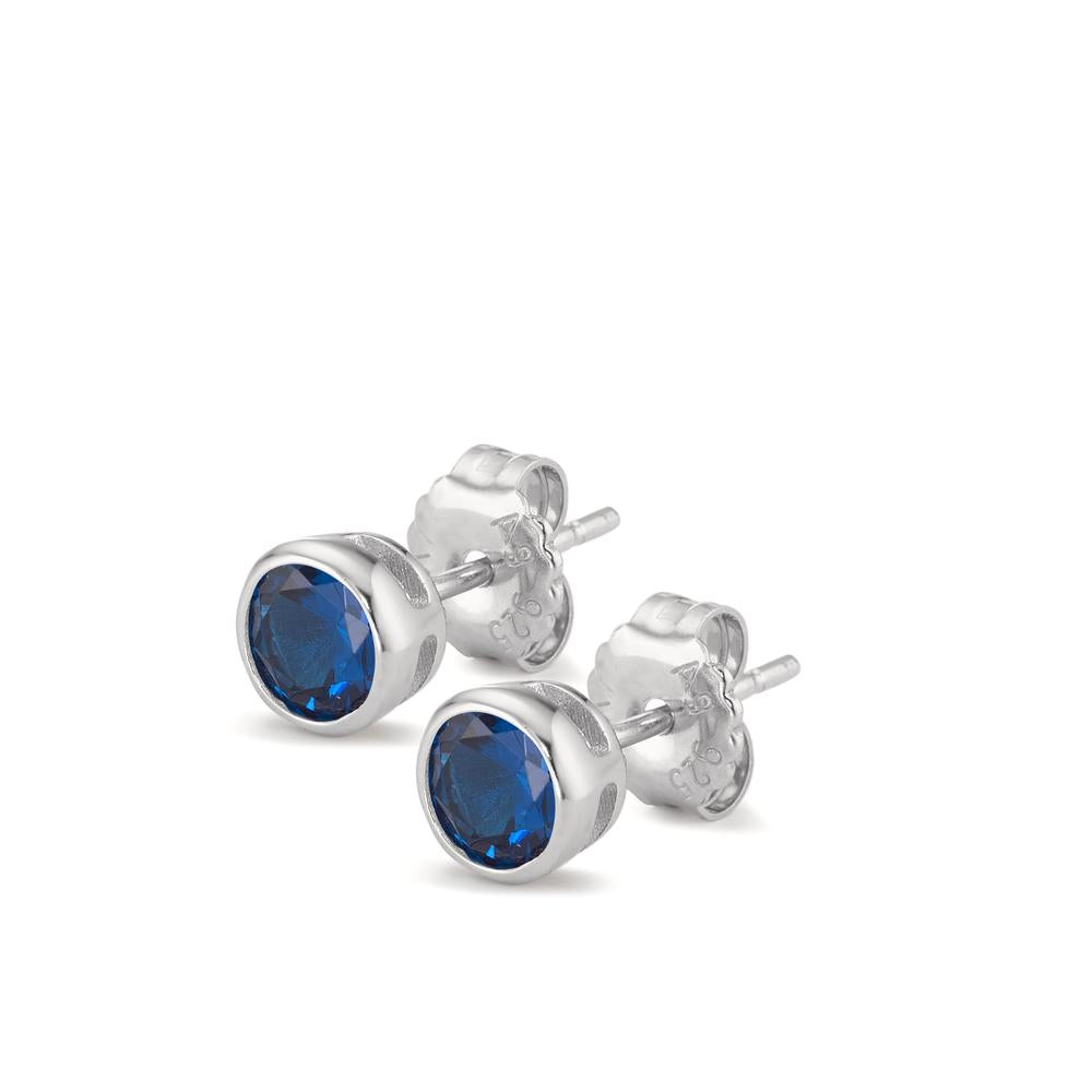 Clous d'oreilles Argent Zircone bleu saphir, 2 Pierres Rhodié Ø6 mm