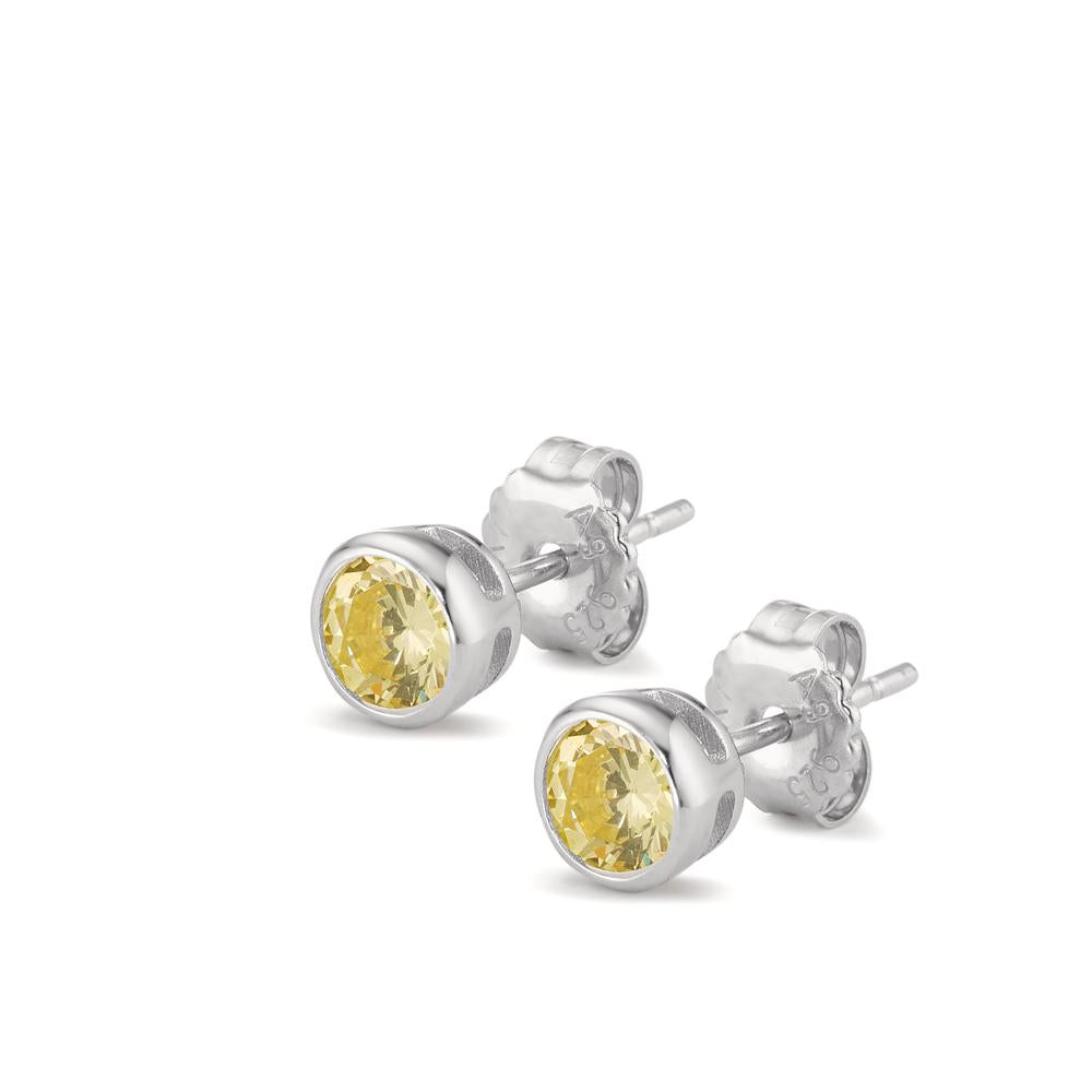 Clous d'oreilles Argent Zircone jaune, 2 Pierres Rhodié Ø6 mm