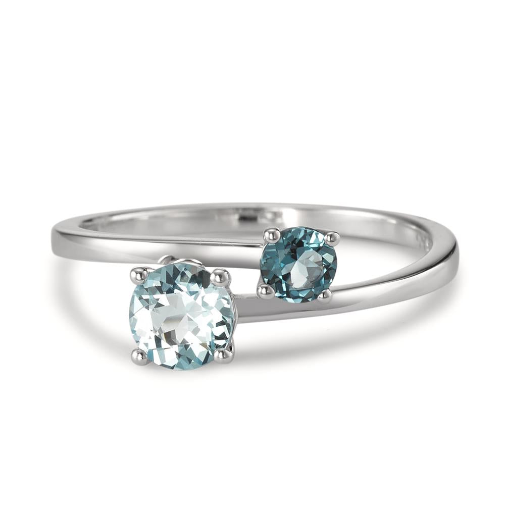 Bague Or blanc 9K Topaze London Blue 2 Pierres