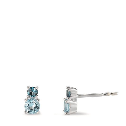 Clous d'oreilles Or blanc 9K Topaze London Blue 4 Pierres