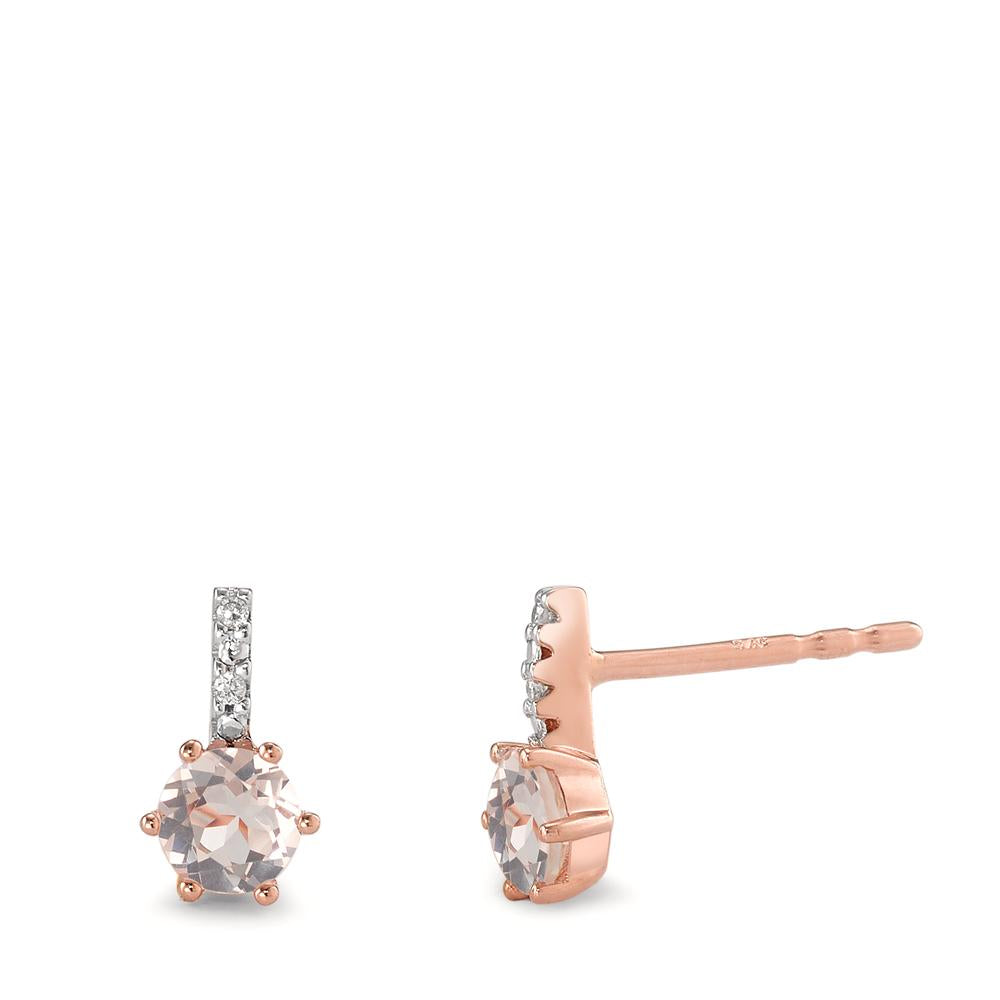 Clous d'oreilles Or rouge 9K Diamant 0.01 ct, 6 Pierres, brillant, p1, Quartz rose 2 Pierres Bicolore Ø5 mm