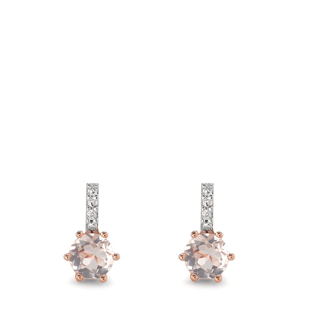 Clous d'oreilles Or rouge 9K Diamant 0.01 ct, 6 Pierres, brillant, p1, Quartz rose 2 Pierres Bicolore Ø5 mm