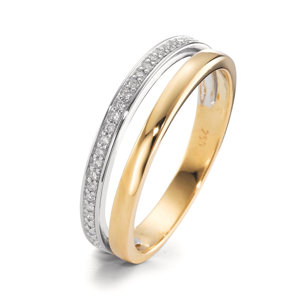 Fingerring 750/18 K Gelbgold, 750/18 K Weissgold Diamant 0.08 ct, 21 Steine, Brillantschliff, w-si