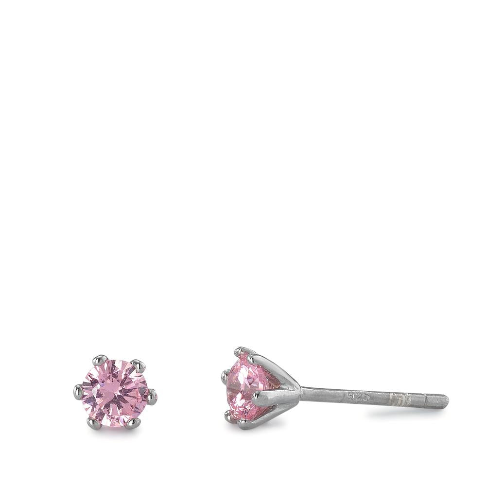 Clous d'oreilles Argent Zircone rose, 2 Pierres Rhodié Ø4.5 mm