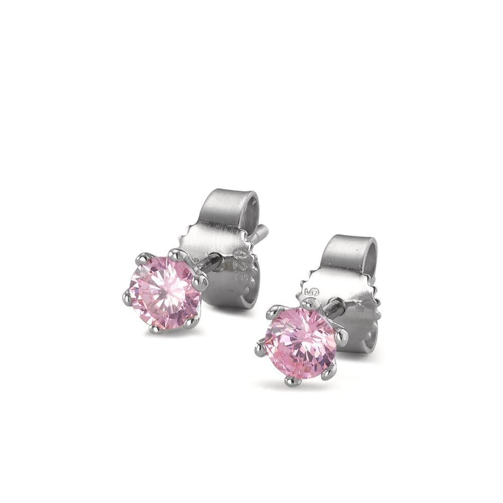 Clous d'oreilles Argent Zircone rose, 2 Pierres Rhodié Ø4.5 mm