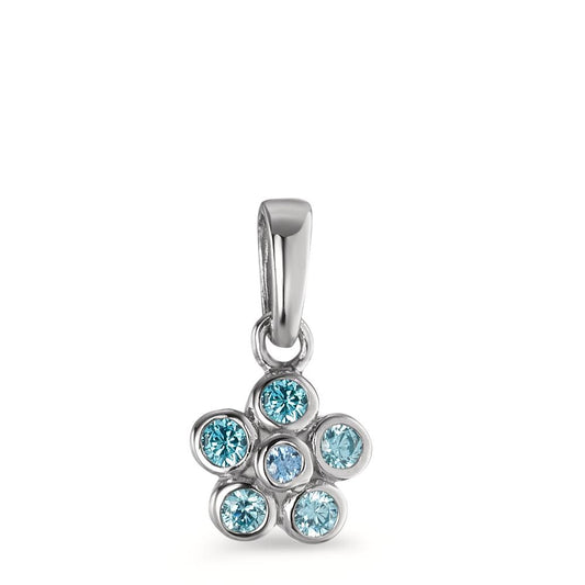 Pendentif Argent Zircone aqua, 6 Pierres Rhodié Fleur Ø7 mm