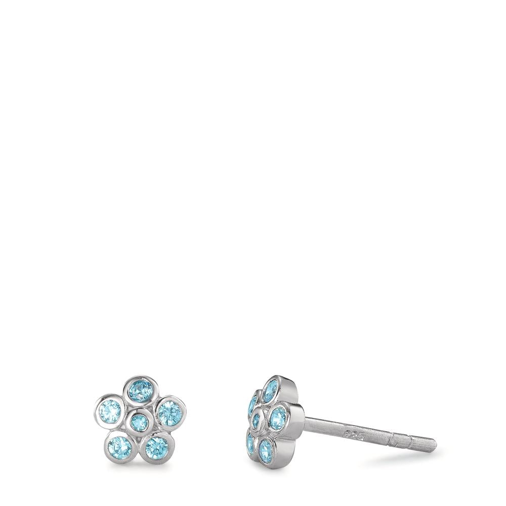 Clous d'oreilles Argent Zircone aqua, 12 Pierres Rhodié Fleur Ø6 mm