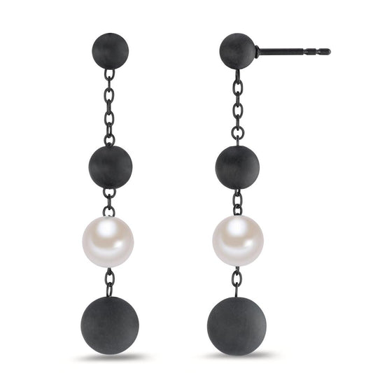 Pendant d'oreilles Acier inoxydable, Carbone noir PVD perle de culture Ø8 mm