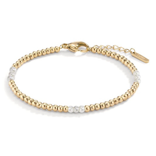 Kugelarmband Miyako Gold aus Edelstahl mit weissen Muschelperlen, 17,5- 19,5cm verstellbar