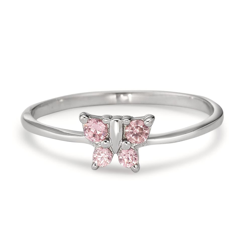 Bague Argent Zircone rose, 4 Pierres Rhodié Papillon