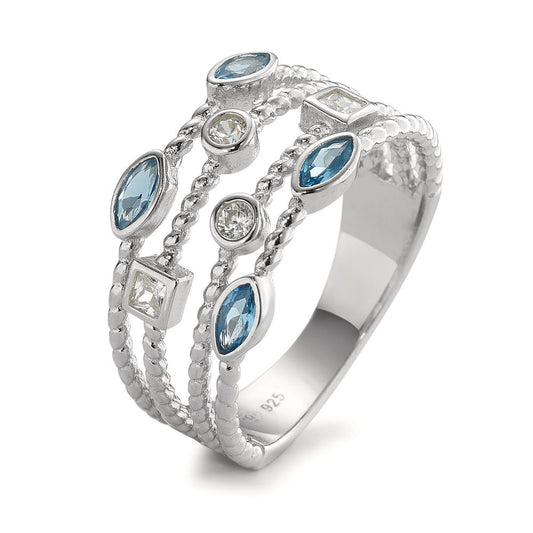 Bague Argent Zircone bleu, 8 Pierres Rhodié