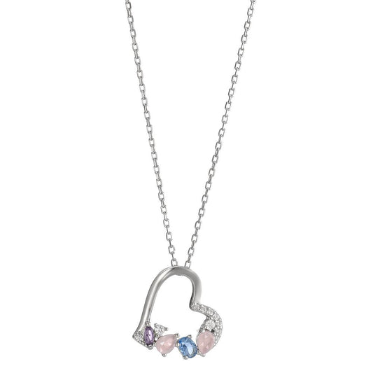 Collier Argent Zircone coloré, 14 Pierres Rhodié Coeur 40-45 cm