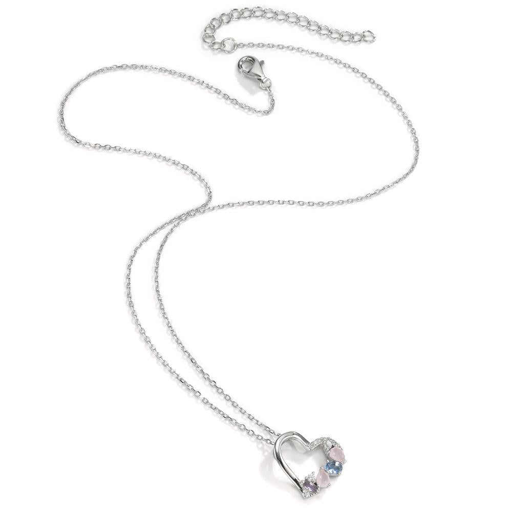 Collier Argent Zircone coloré, 14 Pierres Rhodié Coeur 40-45 cm