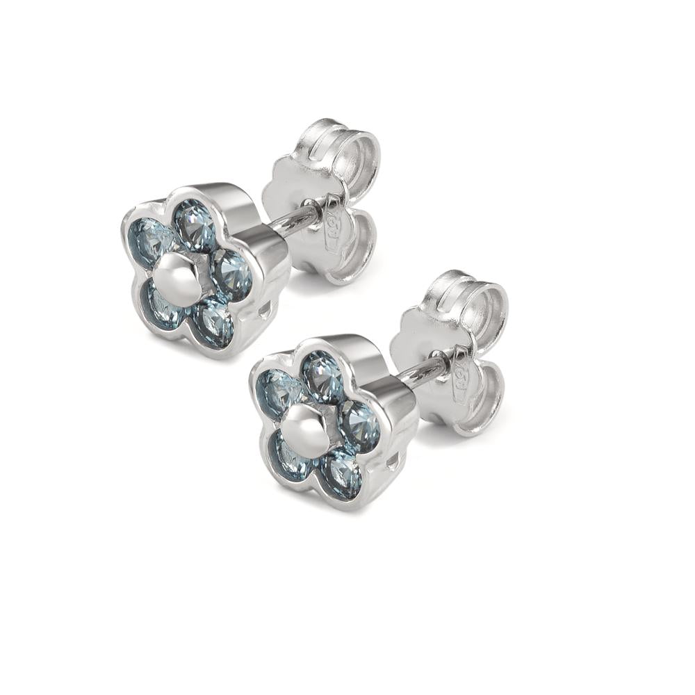 Clous d'oreilles Or blanc 18K Zircone bleu clair, 10 Pierres Fleur Ø7 mm