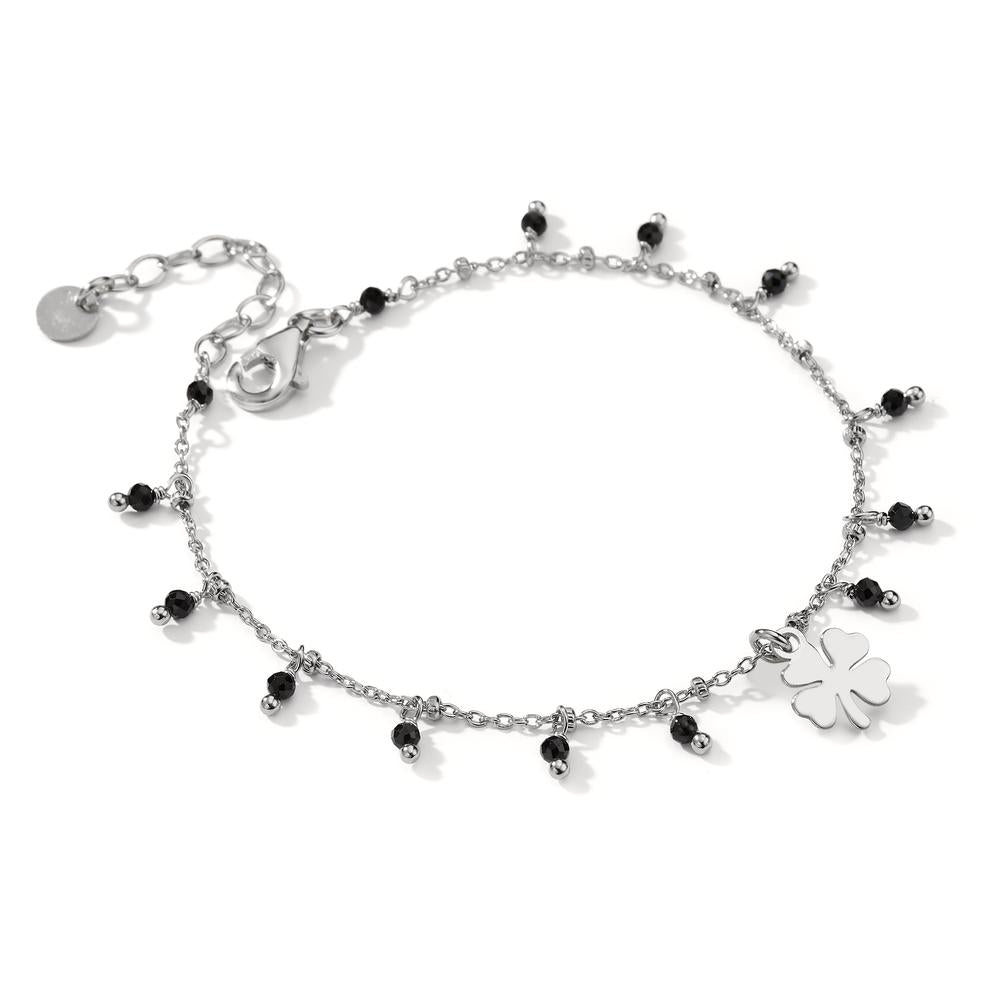 Bracelet Argent Cristal noir, 14 Pierres Rhodié Feuille de Trèfle 16-19 cm