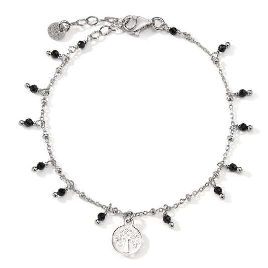 Bracelet Argent Cristal noir, 14 Pierres Rhodié Arbre de la vie 16-19 cm