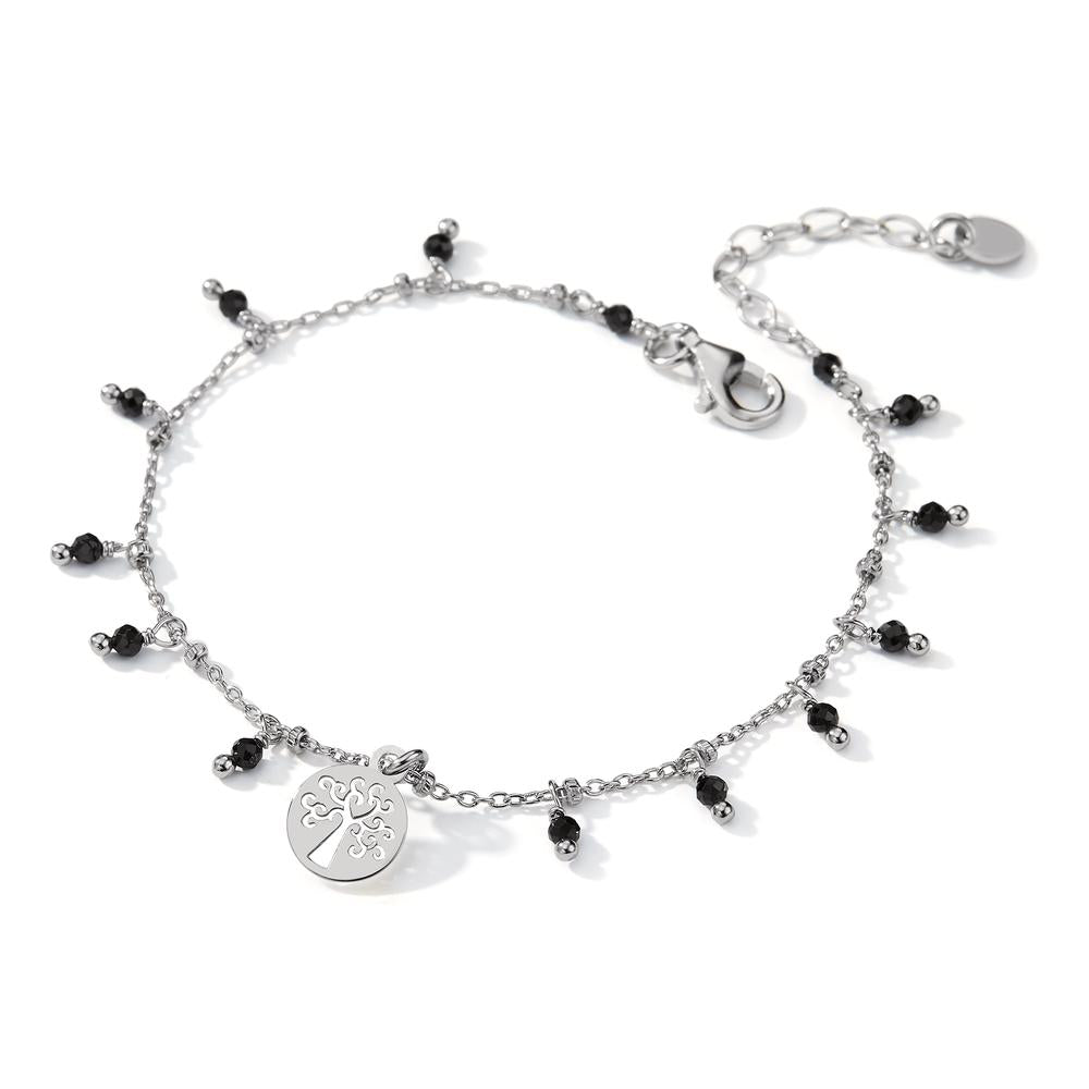 Bracelet Argent Cristal noir, 14 Pierres Rhodié Arbre de la vie 16-19 cm