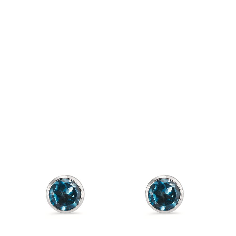 Clous d'oreilles Or blanc 18K Topaze London Blue 2 Pierres Ø6.5 mm